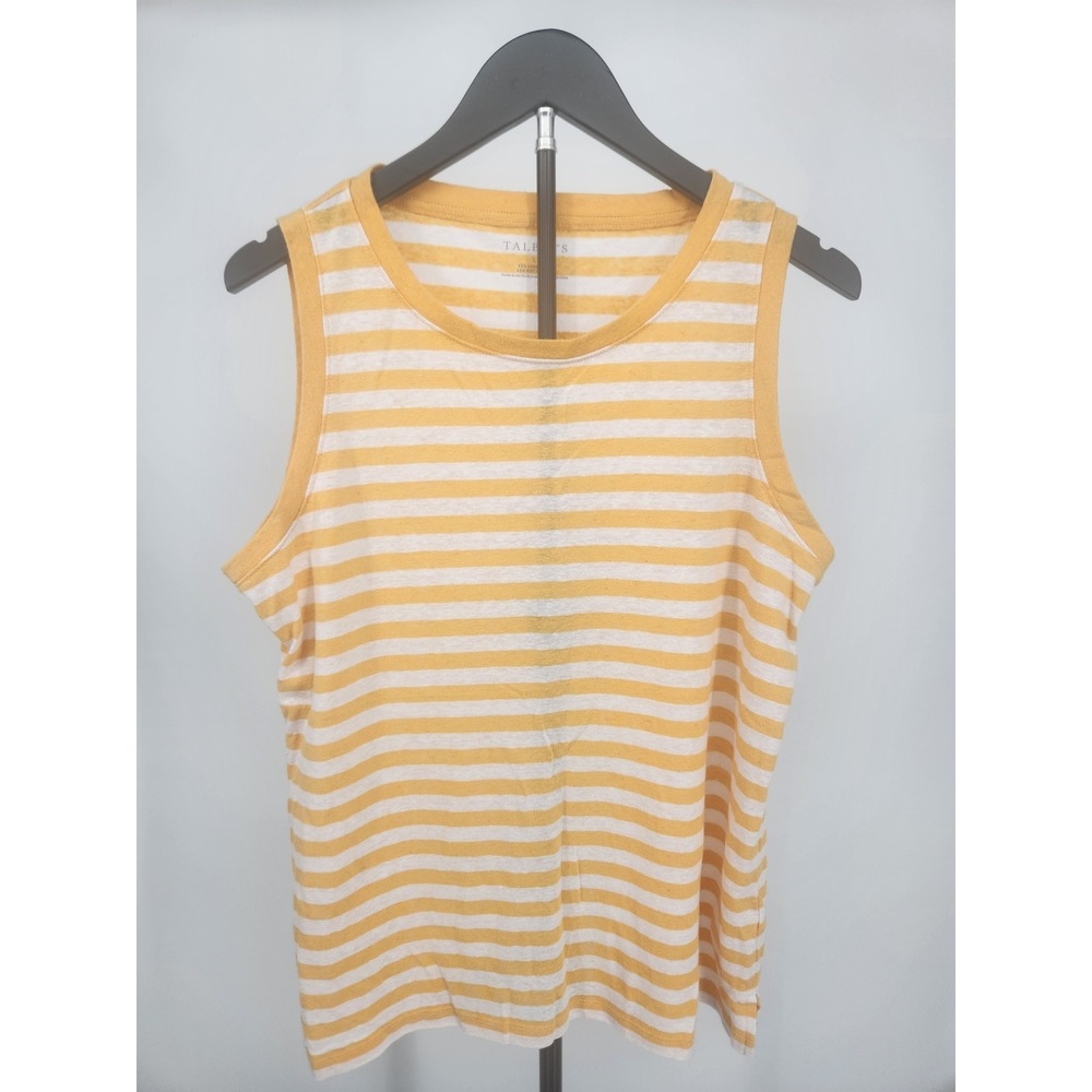 Talbots Yellow White Striped Linen Blend Tank Top Sleeveless Crew Neck Large